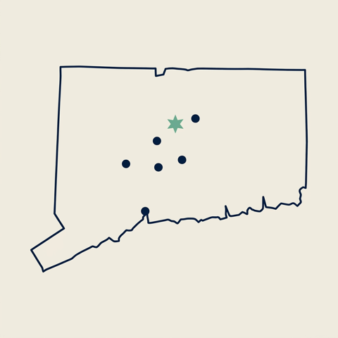Editorial map of Connecticut showing Dr. Knopp's West Hartford office (green star) and the cluster of Tier 1 towns served in central Connecticut: Simsbury, Avon, Farmington, West Hartford, and Glastonbury.